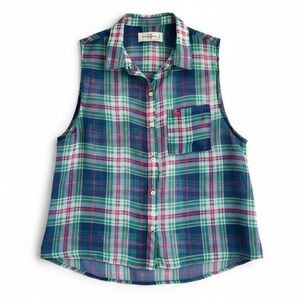 Abercrombie Fitch Sheer Plaid Sleeveless Blouse Summer Top Preppy Blue Green M